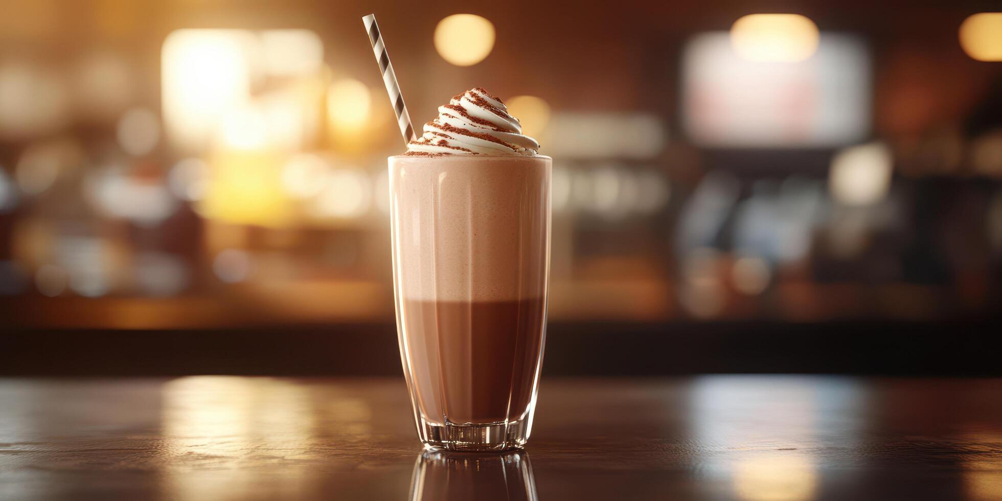 Delicious layered coffee drink with whipped cream and chocolate syrup in a cozy cafe setting photo