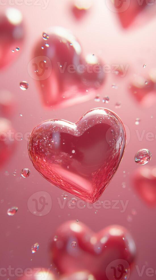 Floating red hearts surrounded by bubbles create a dreamy atmosphere in a soft pink background photo