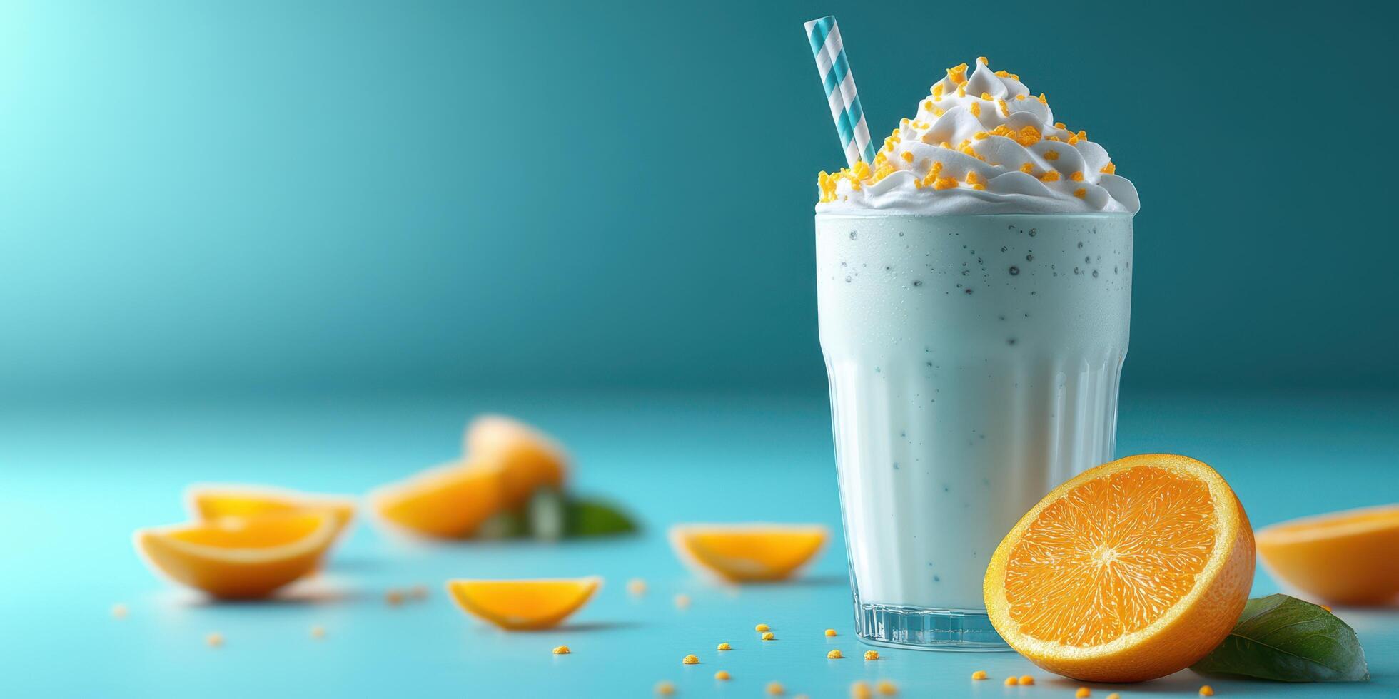 Refreshing orange milkshake with whipped cream and toppings on a vibrant blue surface photo