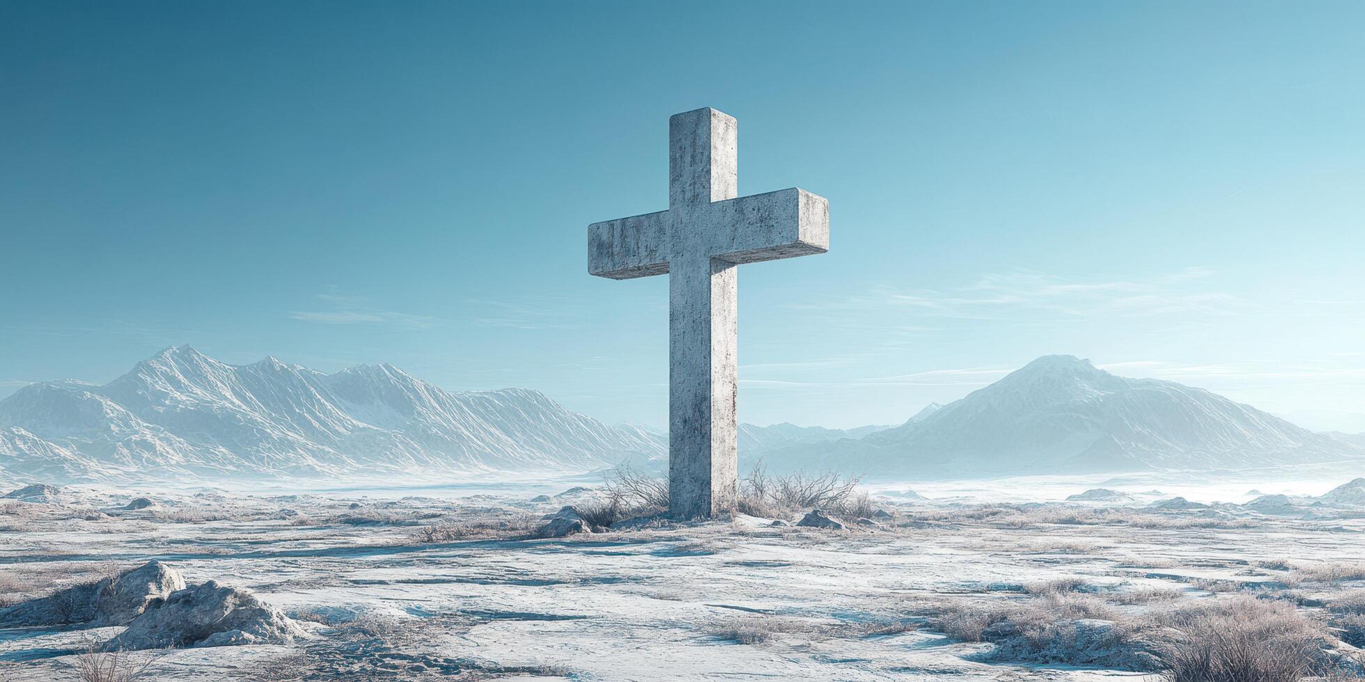 Snow-covered landscape with a large stone cross in a serene setting under a clear blue sky photo