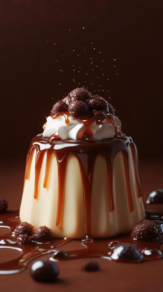 Delicious chocolate dessert with caramel drizzle and whipped cream presented on a brown backdrop photo