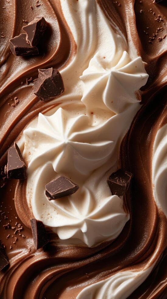 Chocolate and cream swirls topped with chunks of dark chocolate create a delicious dessert treat photo