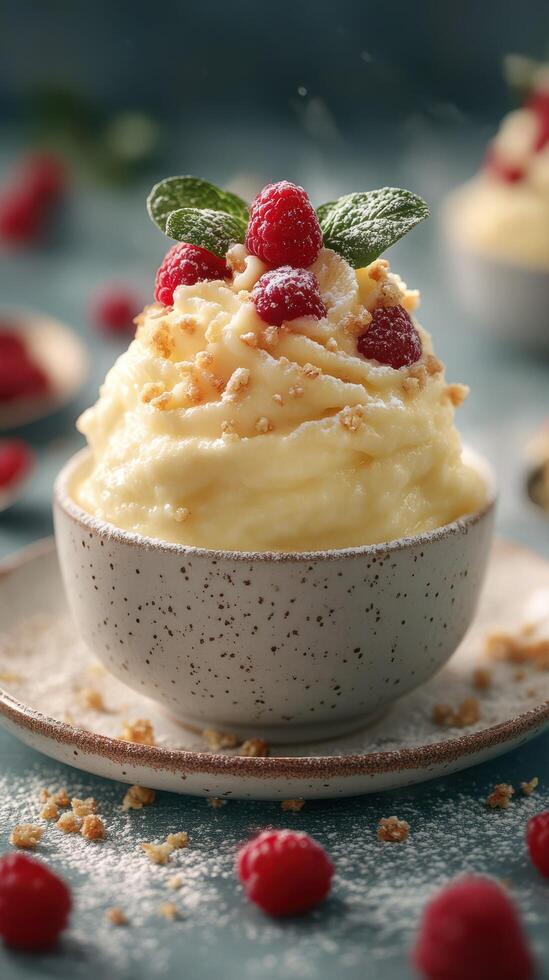 Delightful dessert served in bowl topped with fresh raspberries and crunchy bits showcasing culinary artistry photo