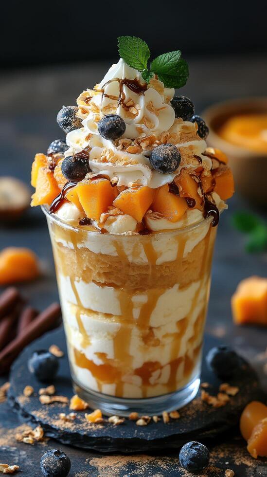 Delicious dessert with layers of cream, fruit, and toppings served in a clear glass at a cozy cafe photo