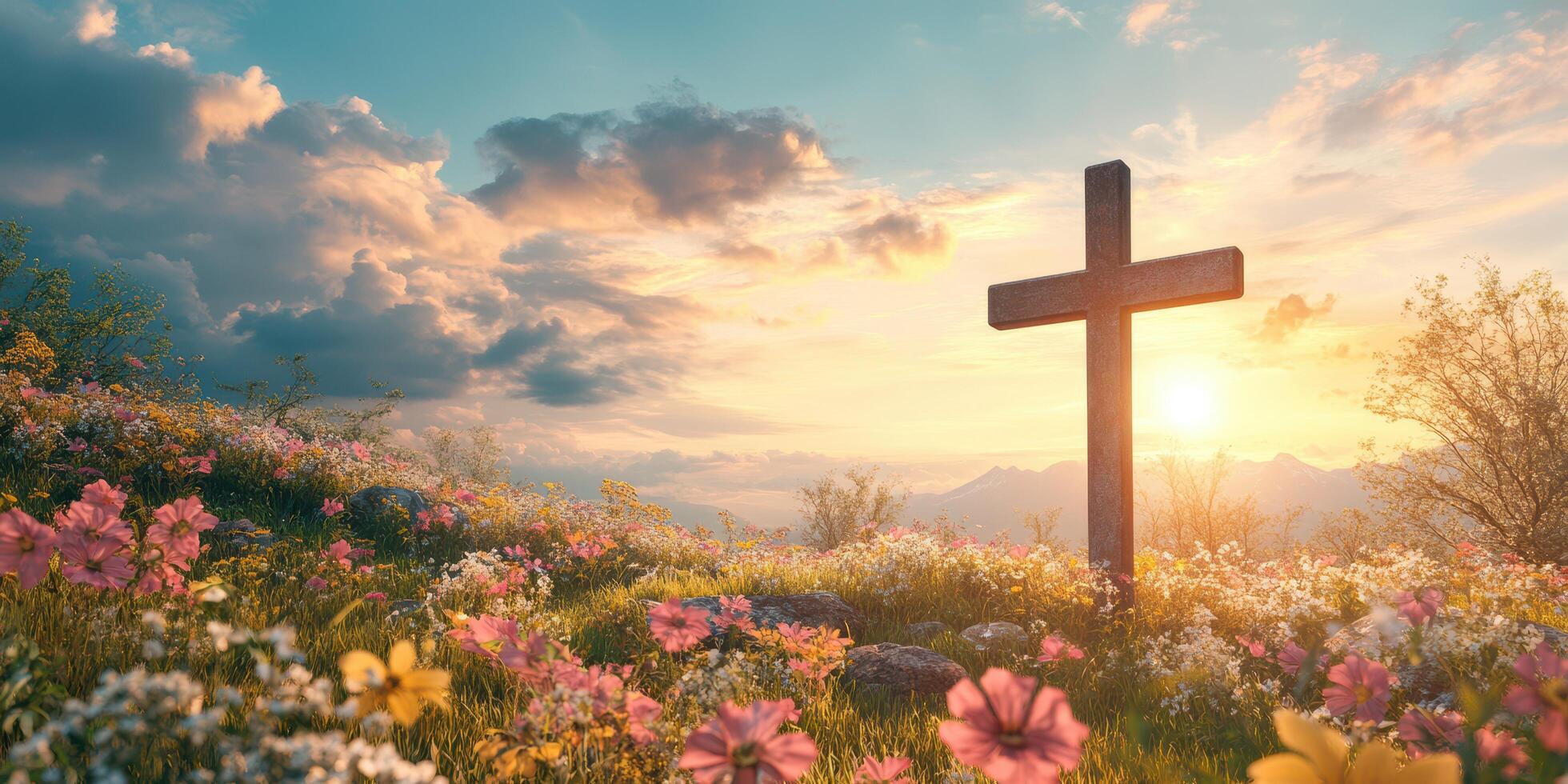 Sunrise over a cross surrounded by vibrant flowers in a peaceful landscape with mountains in the distance photo