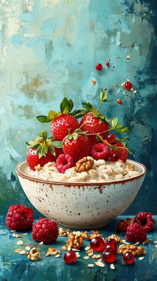 Delicious bowl of oatmeal topped with fresh berries and nuts on a vibrant blue background photo