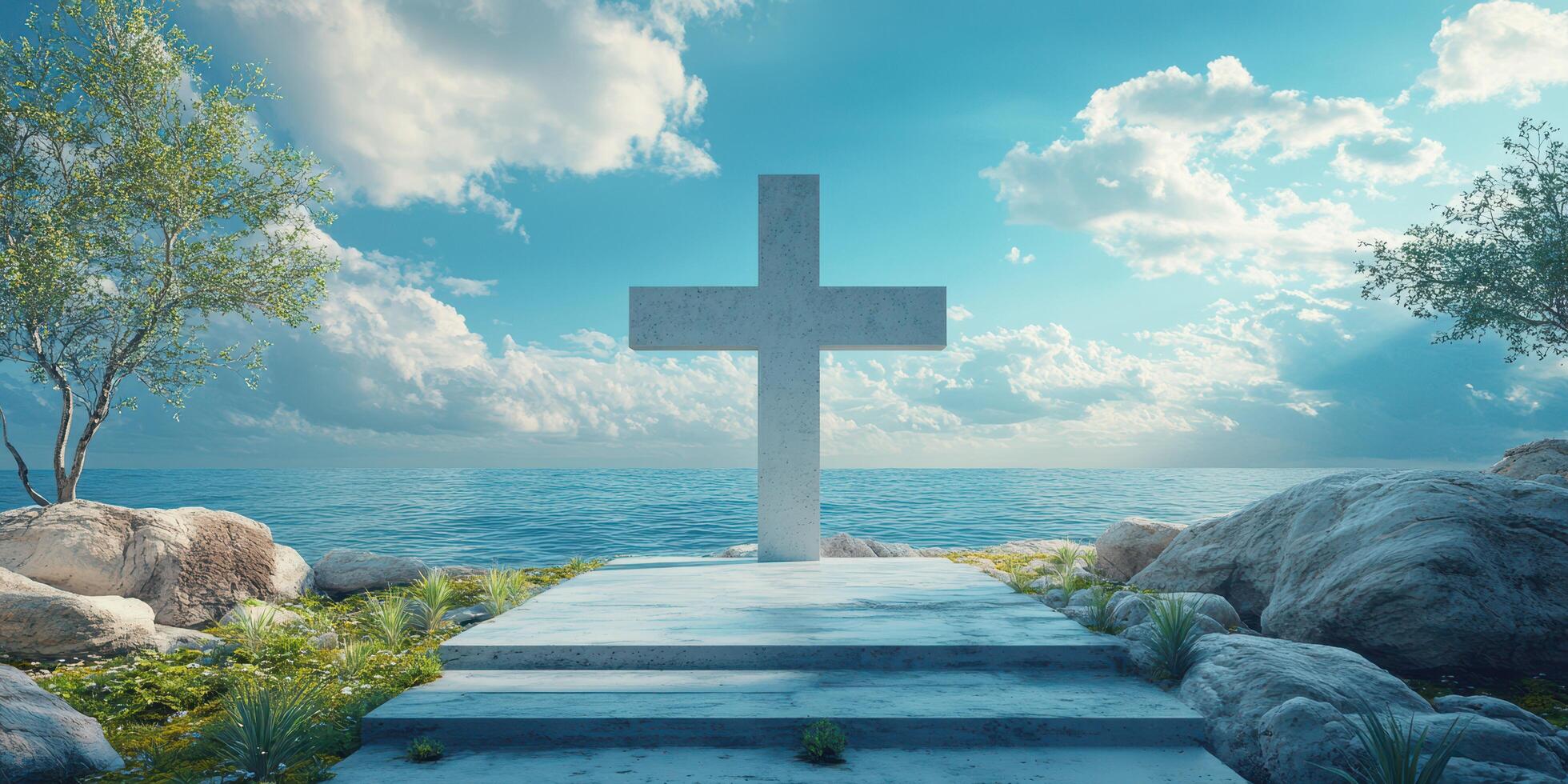 Serene coastal landscape featuring a white cross against a backdrop of clear blue skies and tranquil ocean waves photo
