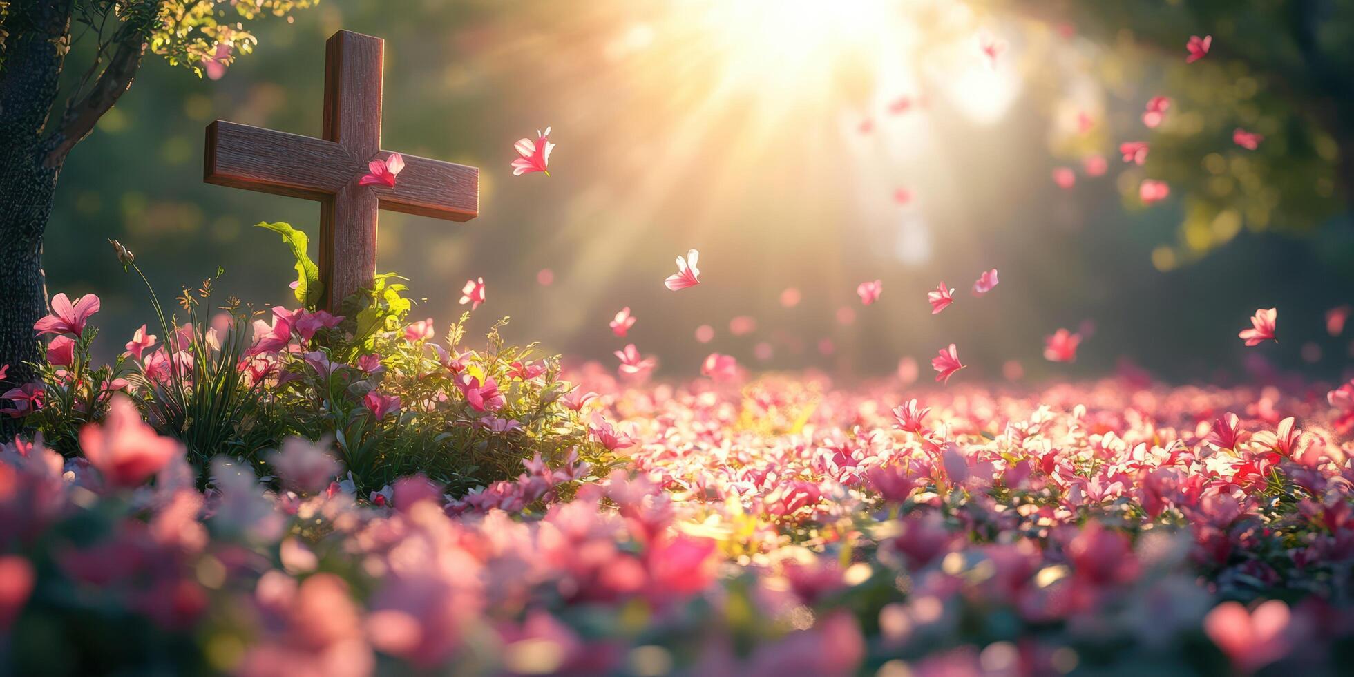 Sunlight filters through trees illuminating a flower-filled garden with a wooden cross at dawn photo
