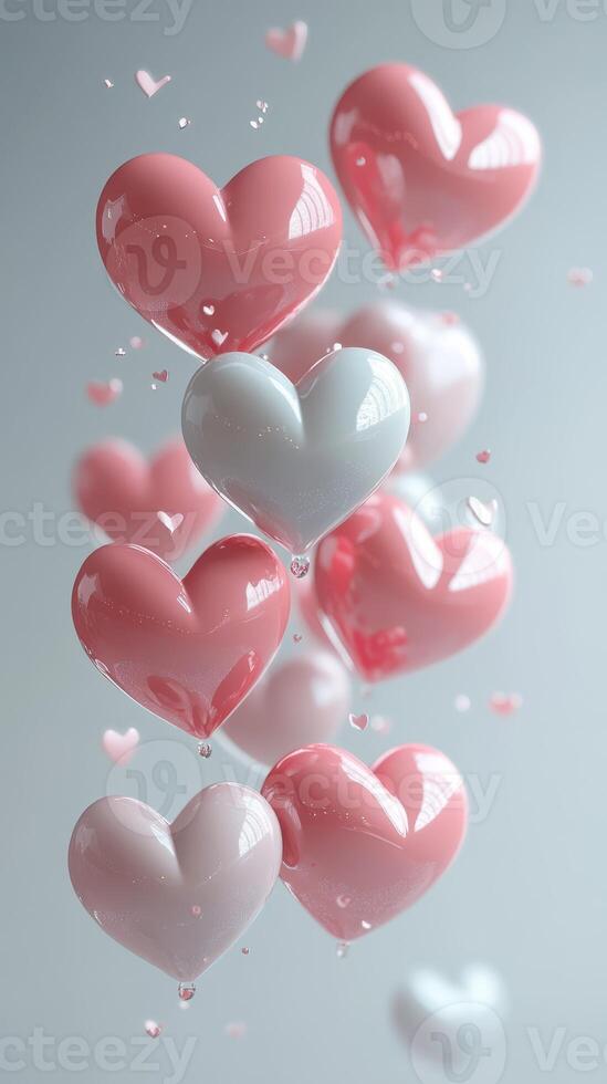 Colorful hearts floating in the air create a whimsical display of love and affection in a serene setting photo