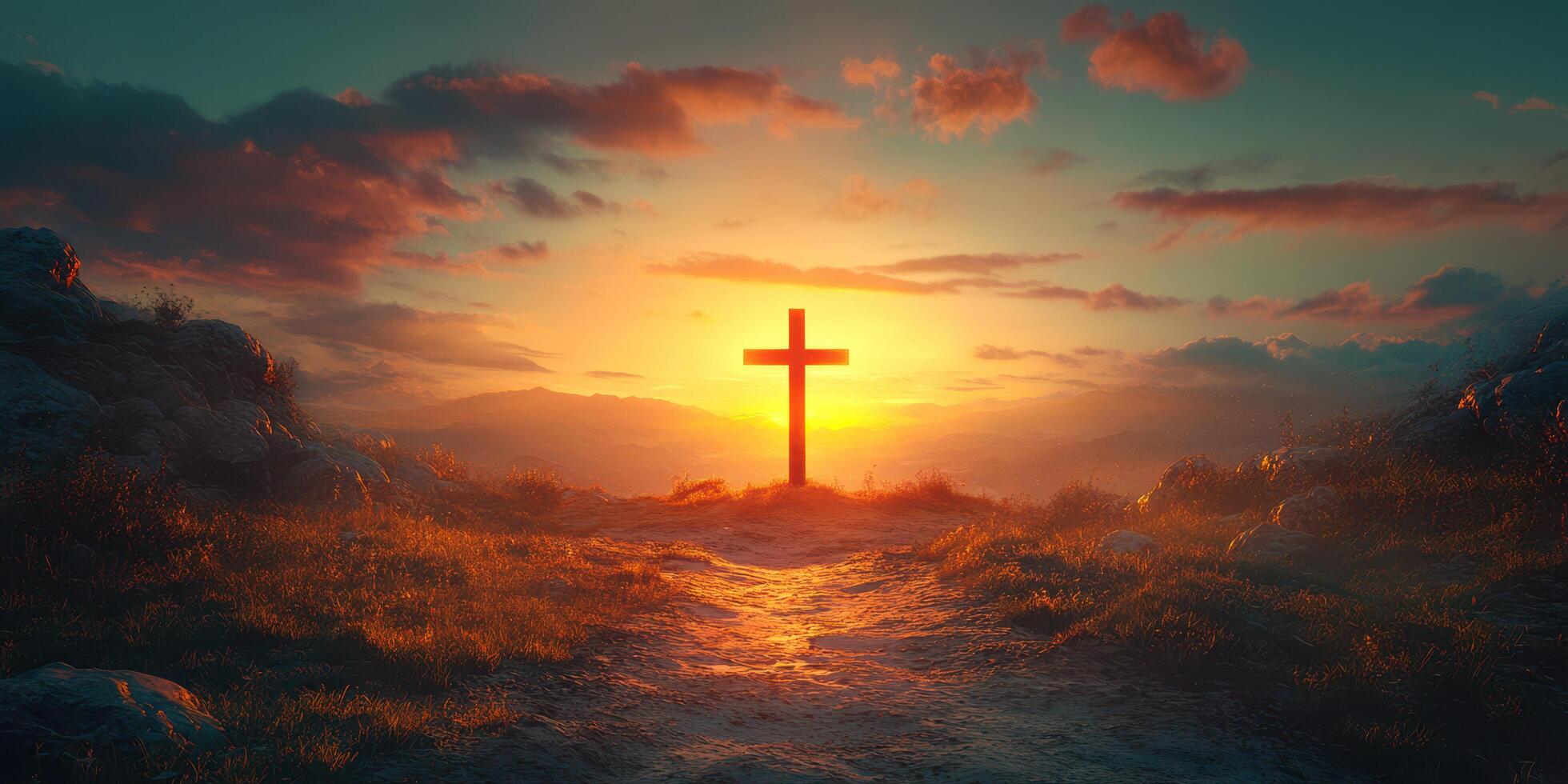 Stunning sunset illuminating a cross on a hill with vibrant colors and calm atmosphere photo