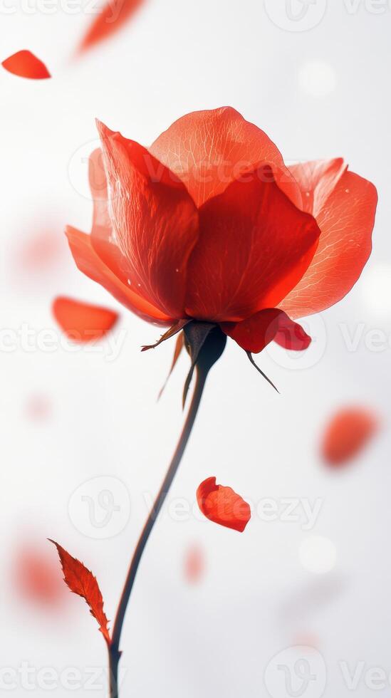 Beautiful red rose with falling petals in a serene setting captured in soft light photo