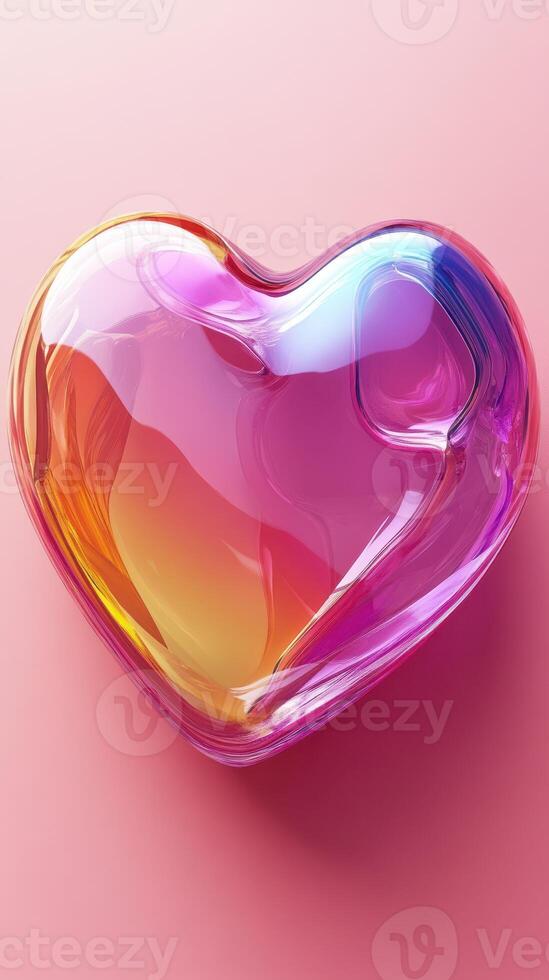 Colorful heart-shaped glass object resting on a smooth pink background with a vibrant gradient effect photo
