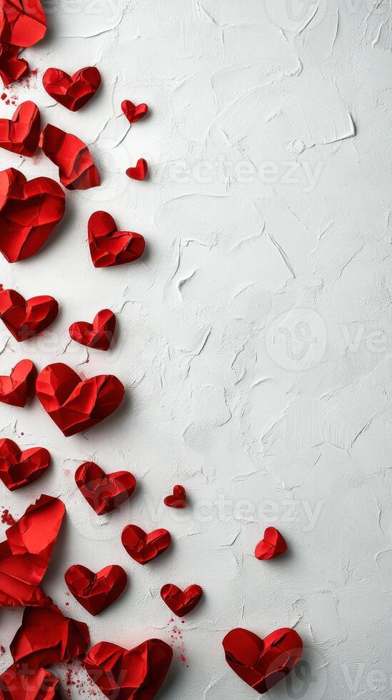 Red paper hearts scattered artistically on a textured white surface for a romantic theme photo