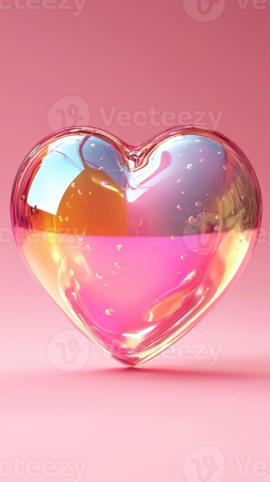 Heart-shaped resin artwork with vibrant colors and bubbles displayed against a pink background photo
