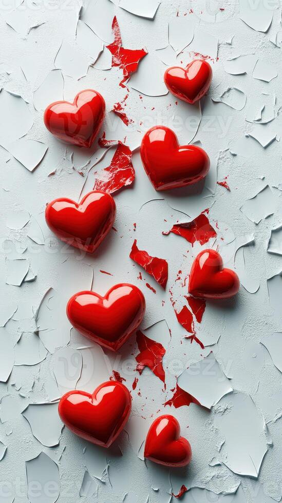 Red hearts scattered on cracked surface creating an artistic expression of love and brokenness photo