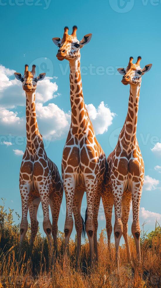 Three giraffes standing in a grassy field under a bright blue sky with fluffy clouds in the background photo