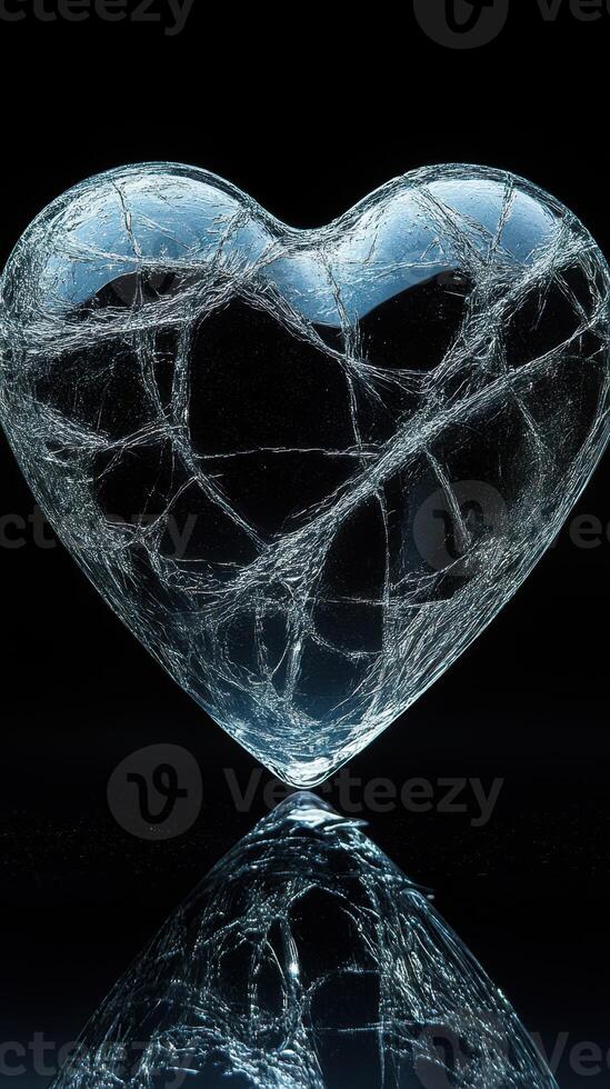 Unique transparent heart sculpture with intricate patterns illuminated against a dark background photo