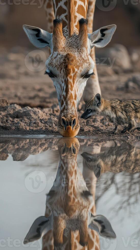 Giraffe and Meerkat share a moment at the waterhole in the early morning light photo