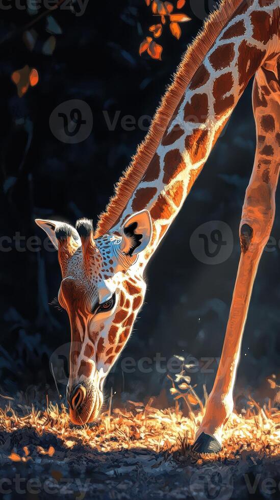 Giraffe grazes peacefully in the warm glow of late afternoon sunlight in a serene natural setting photo