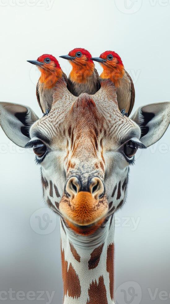 Giraffe with vibrant birds perched on its head in a natural habitat during daytime photo