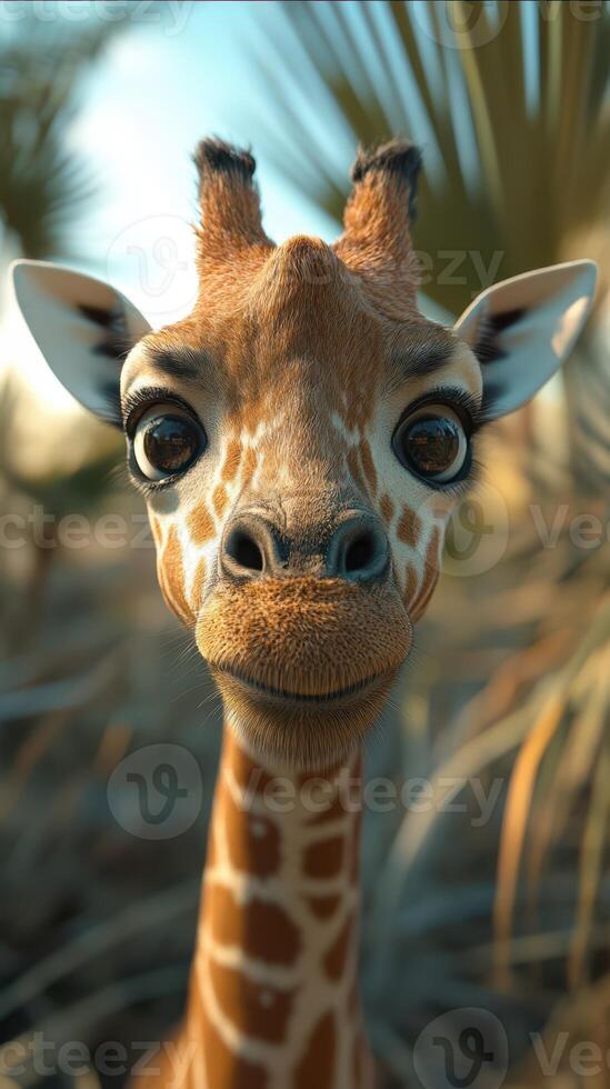 Curious young giraffe stands in natural habitat under the warm sunlight, creating a playful atmosphere of wildlife exploration photo