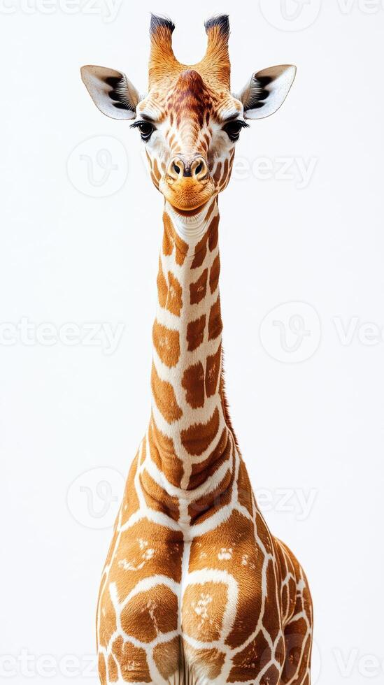 Giraffe with striking patterns poses majestically against a plain background photo
