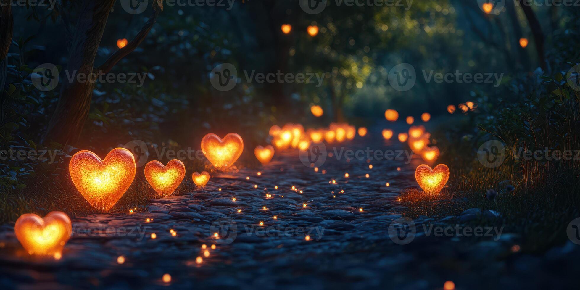 Pathway illuminated with glowing heart-shaped lanterns in a serene forest setting at twilight photo