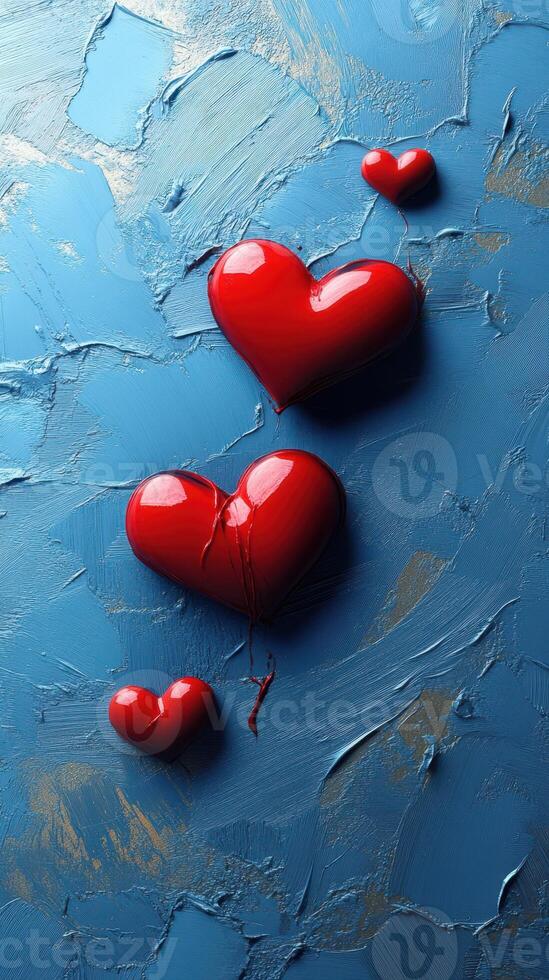 Heart shapes in glossy red against a textured blue background evoke feelings of love and passion photo
