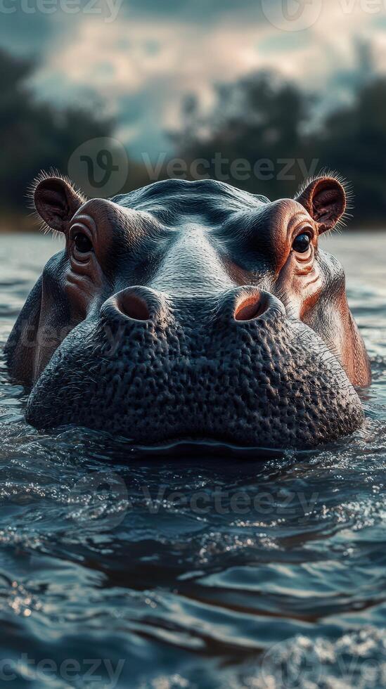 Hippo emerges from water with serene expression at dusk in a natural habitat photo