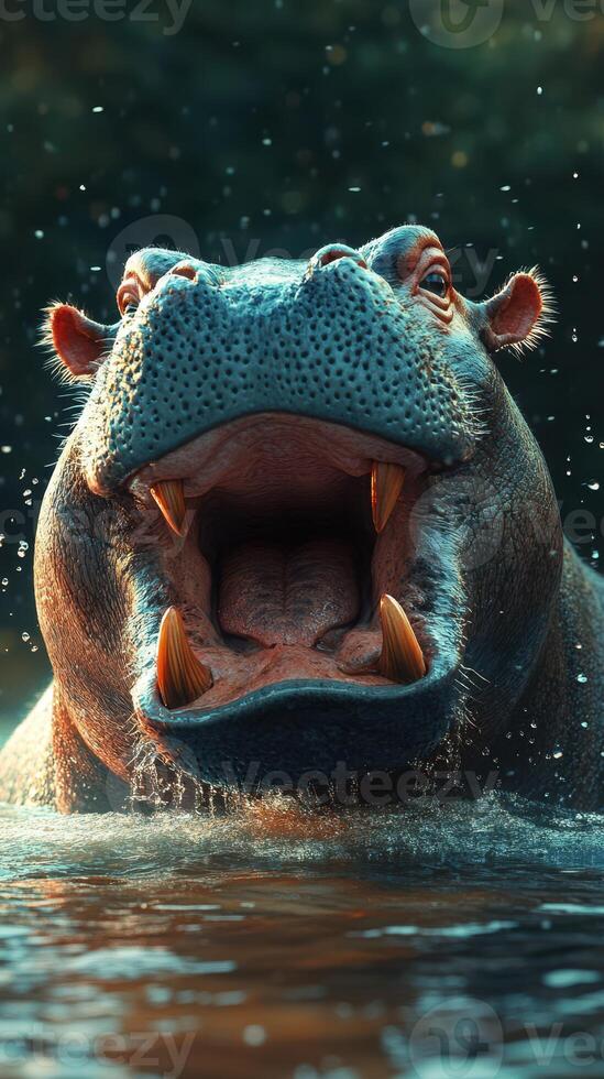 Hippopotamus emerging from water with mouth wide open in a serene environment at dusk photo