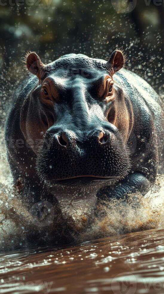Hippo charging through water, showcasing strength and agility in its natural habitat photo