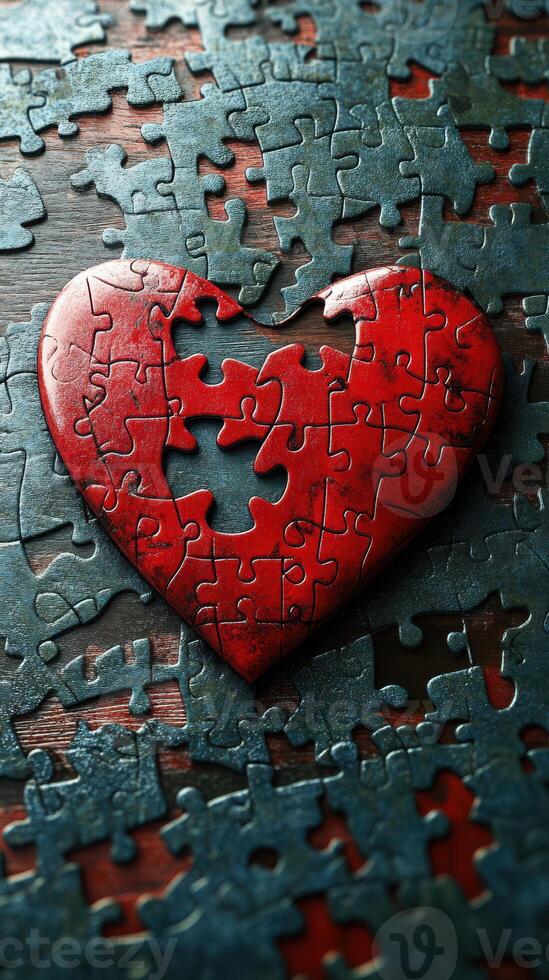 Heart-shaped puzzle piece with missing section on wooden surface created with intricate details photo