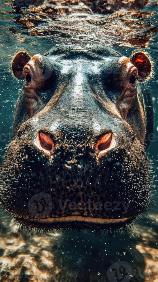 Hippo swimming underwater in a serene aquatic environment during daylight hours photo