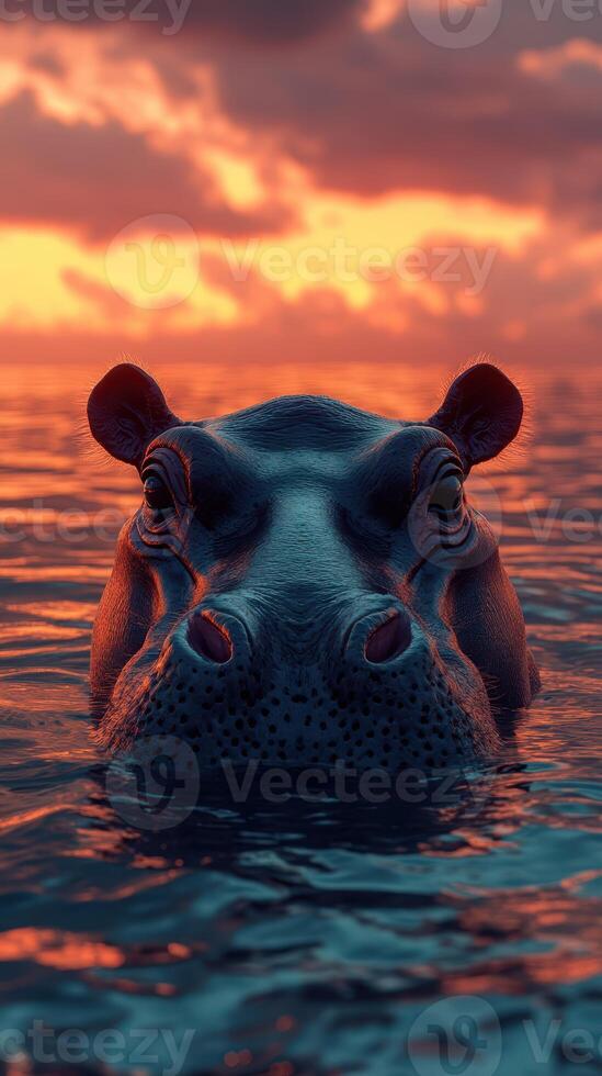 Hippopotamus emerges from tranquil waters as sunset paints the sky in warm hues photo