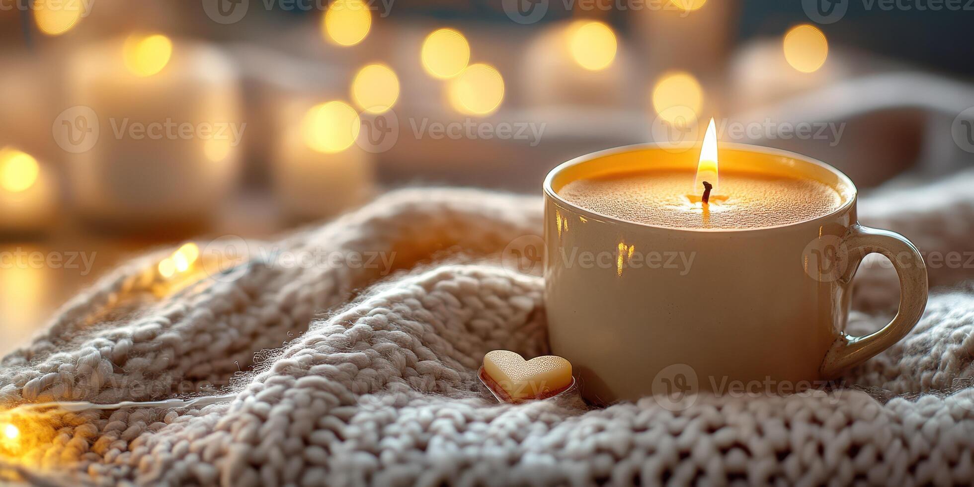 Cozy cup of warm beverage surrounded by candles and soft textiles during evening relaxation photo