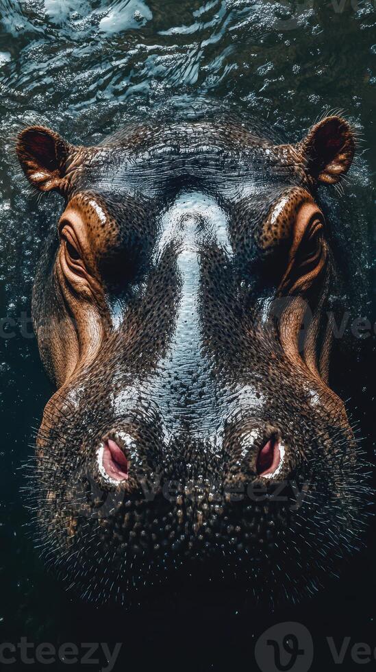 Close encounter with a hippopotamus underwater in a serene river environment during late afternoon light photo
