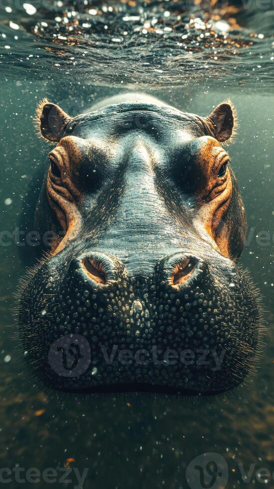 Hippopotamus swimming below the water surface in a serene aquatic environment photo