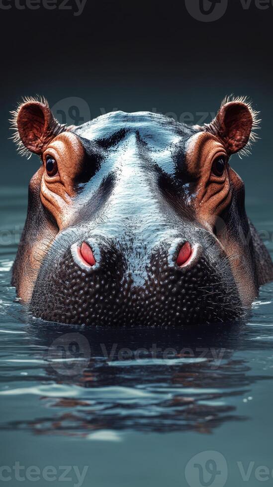 Hippo emerging from water with a calm expression in a natural habitat during the day near a river photo