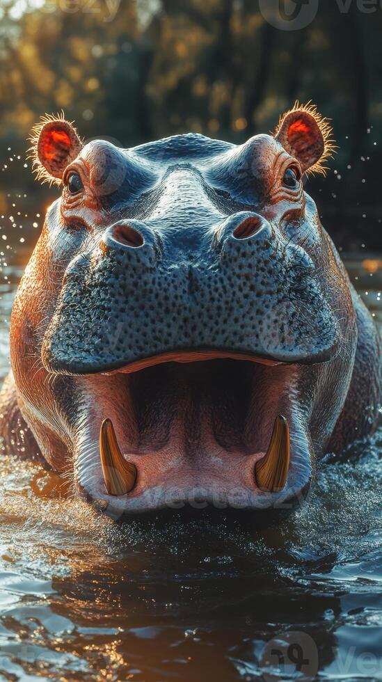 Hippo emerges from the water during golden hour in a serene river landscape photo