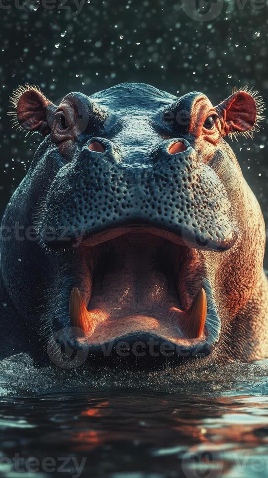 Hippo with open mouth splashes water in a serene river during twilight hours photo