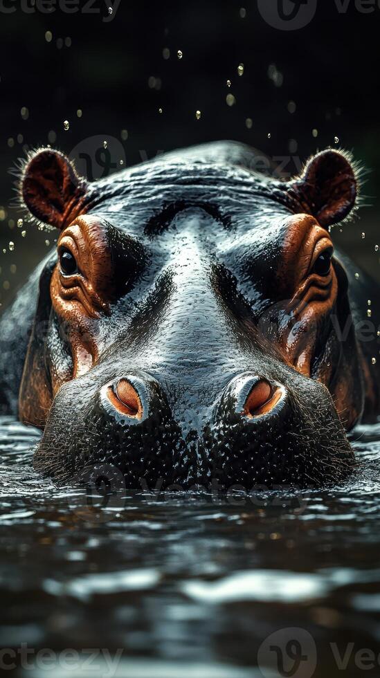 Hippo emerging from water with droplets around its head in a lush habitat during sunny weather photo