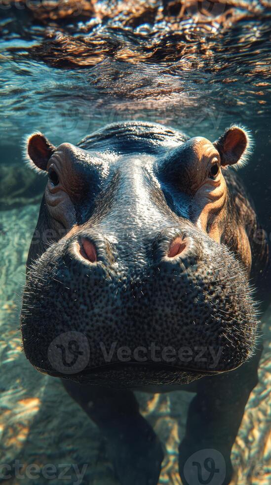 Hippo swimming underwater in clear water, showcasing its massive face and unique features in natural habitat photo
