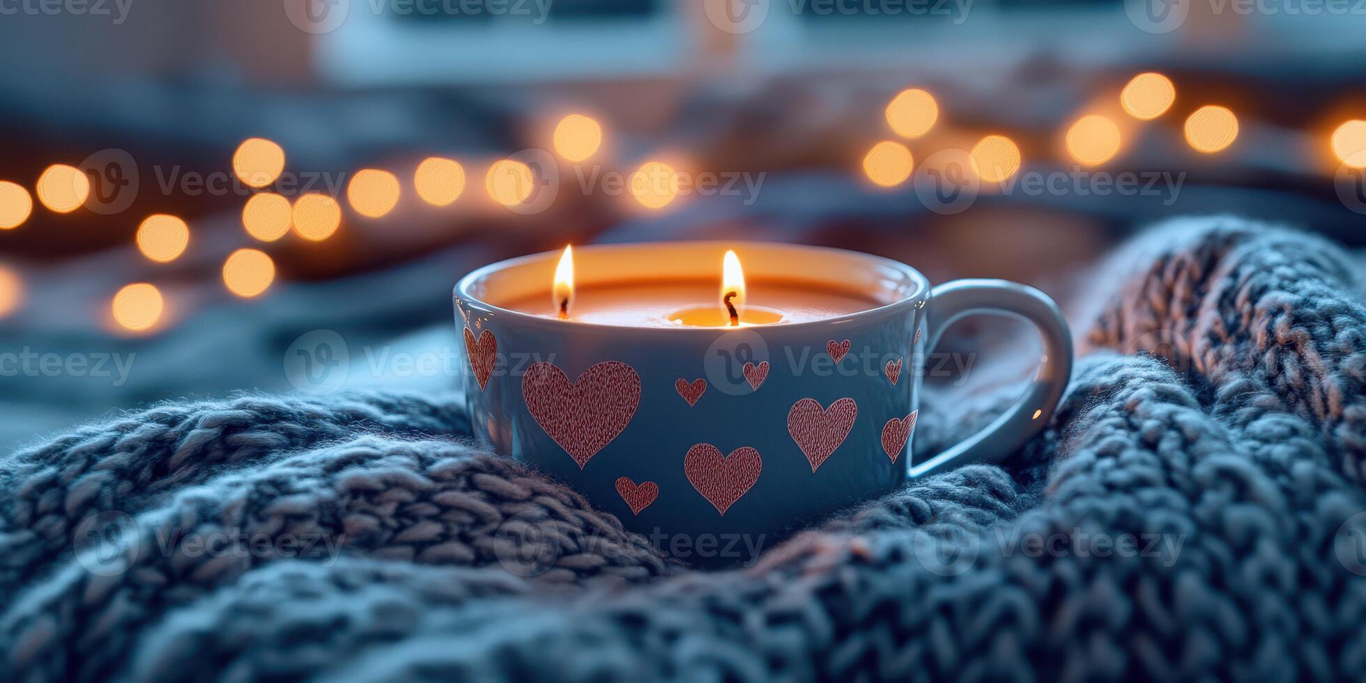 Cozy evening with a heart-patterned cup of hot beverage and glowing candles surrounded by soft textiles photo
