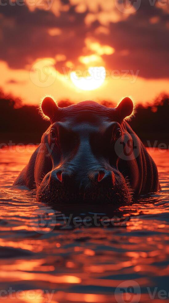 Hippo emerging from water during sunset in a serene natural habitat photo