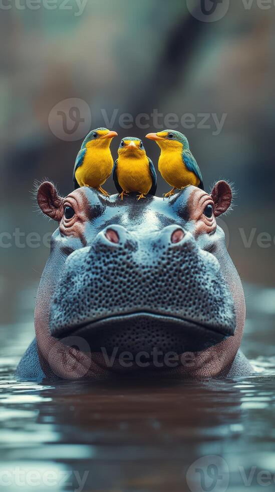 Three colorful birds perched on the head of a hippo resting in calm waters during a bright day in a natural habitat photo