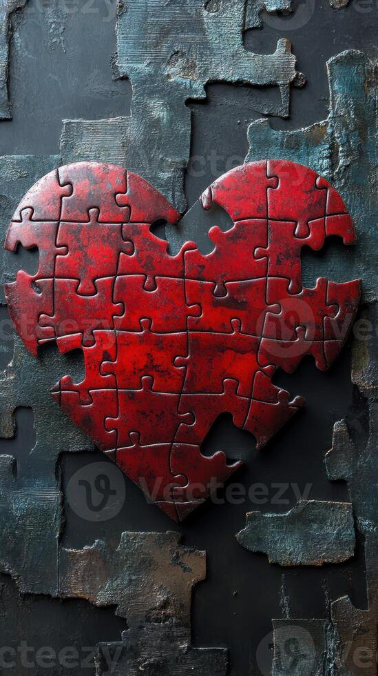 Red heart puzzle piece on textured dark background captures the essence of love and connection intricately formed photo