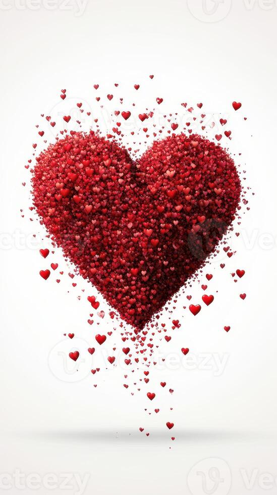 Heart shape created from numerous small red hearts floating against a light background evoking feelings of love and affection photo