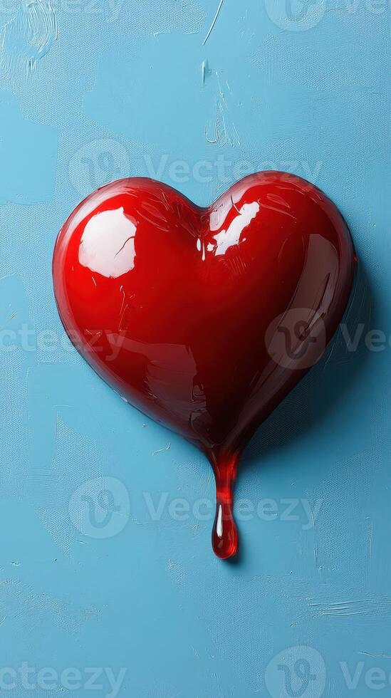Red heart shaped object dripping on a blue textured background creating a striking visual contrast photo