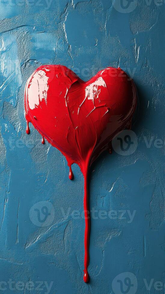 Heart-shaped art in vivid red paint on textured blue background creates a vibrant visual contrast photo