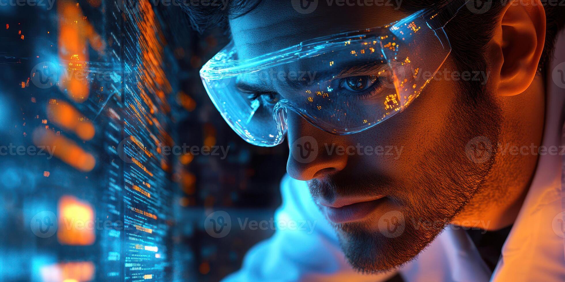 Scientist analyzing data with futuristic technology in a laboratory at night photo